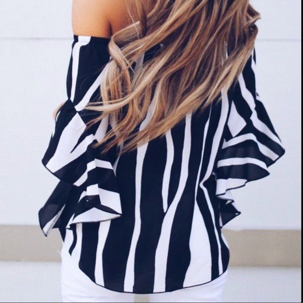 RESTOCK‼️BLACK White strip off shoulder - Top - Picture 4 of 4